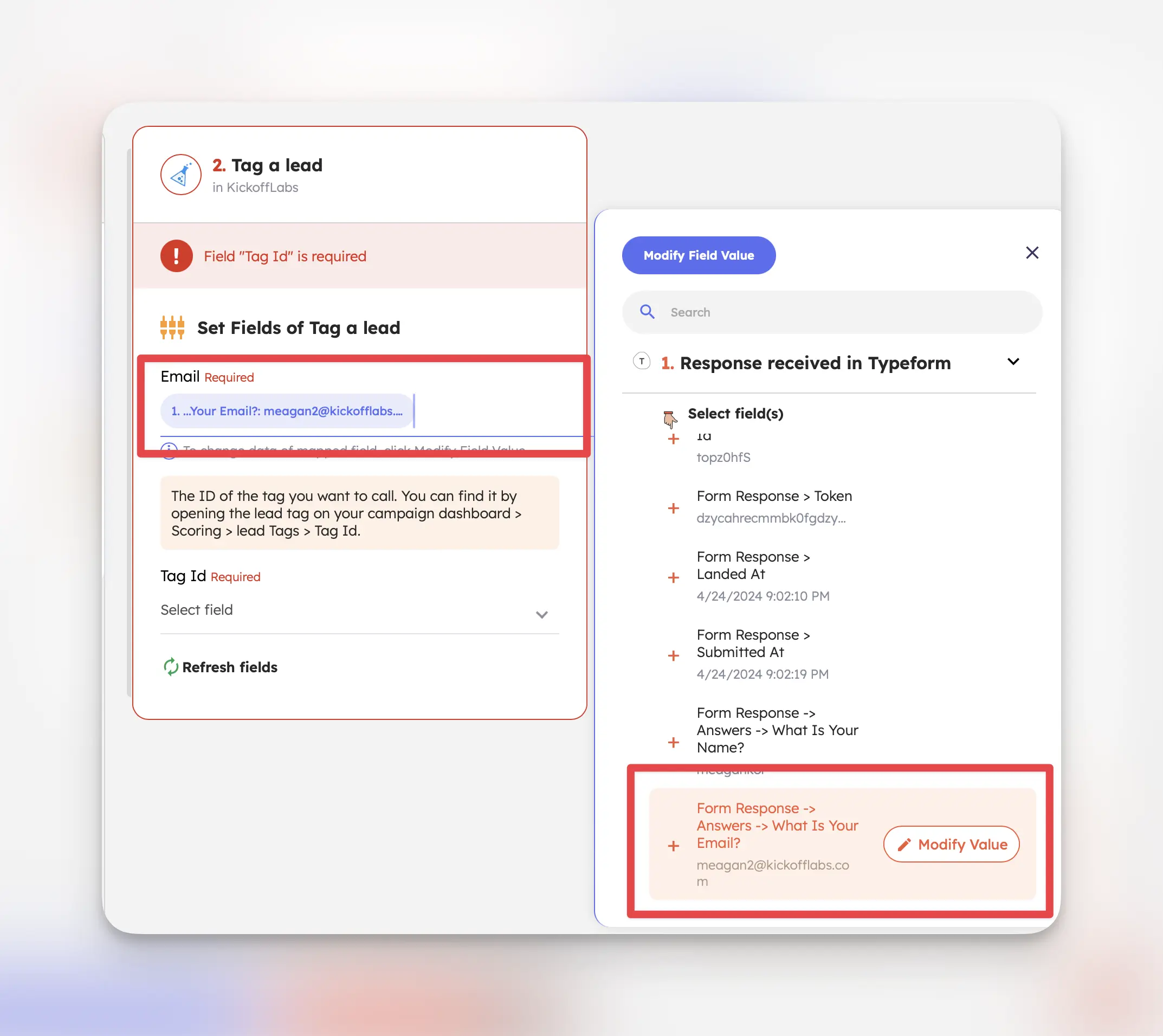 Map Typeform email to KickoffLabs