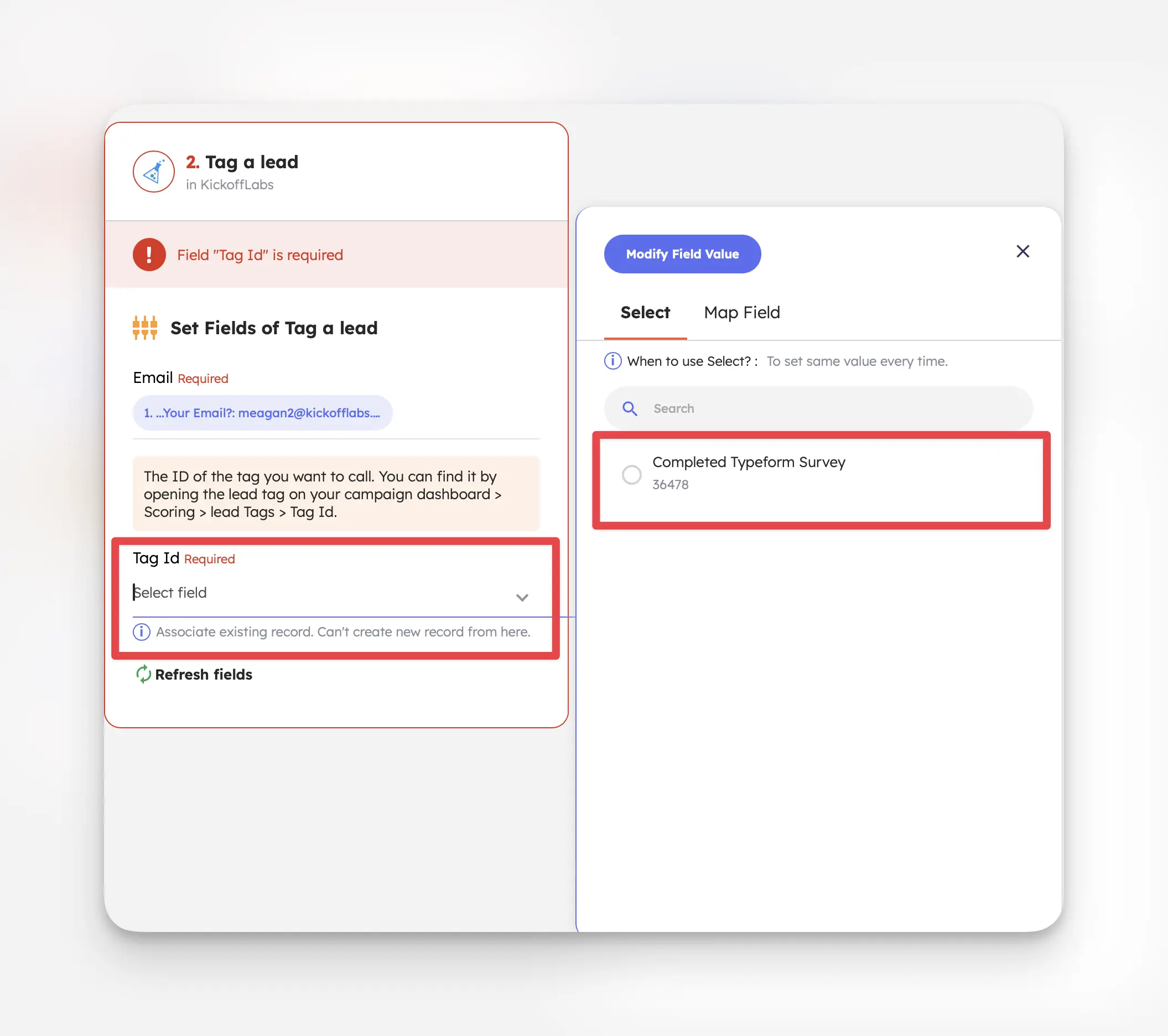 Select KickoffLabs lead tag.