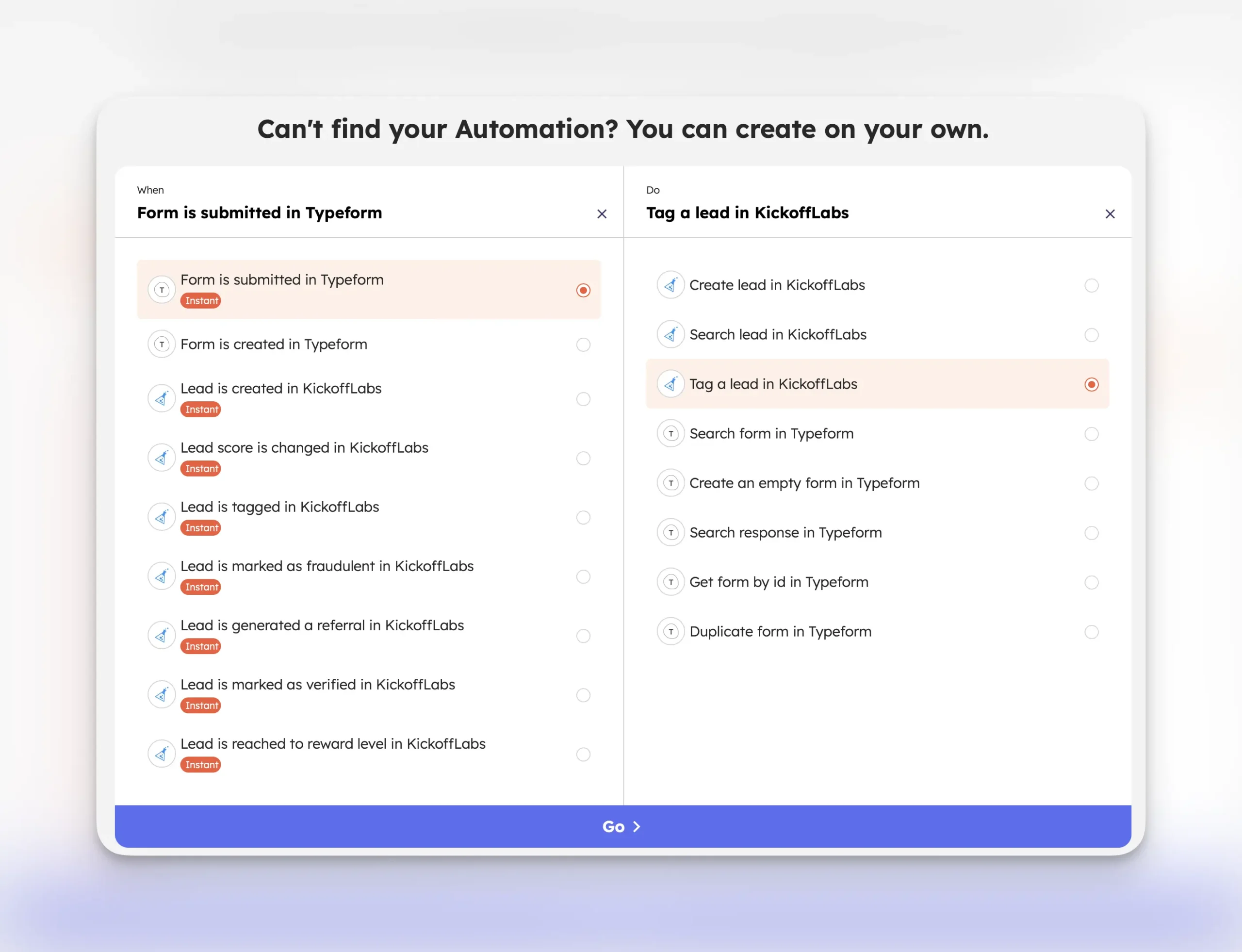 Tag a new in KickoffLabs when they complete a survey in Typeform