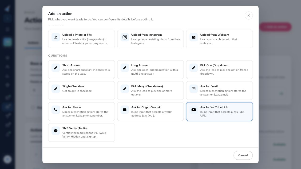 KickoffLabs action picker showing upload and question choices