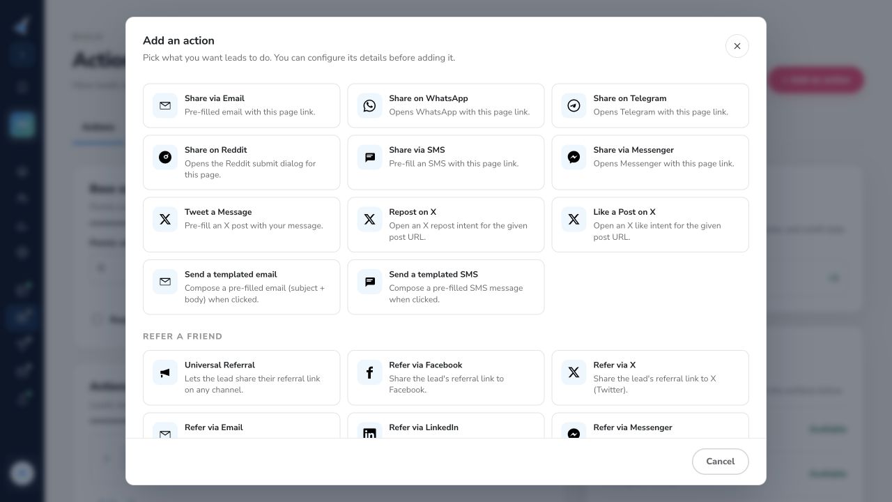 KickoffLabs action picker showing page sharing and personal referral choices