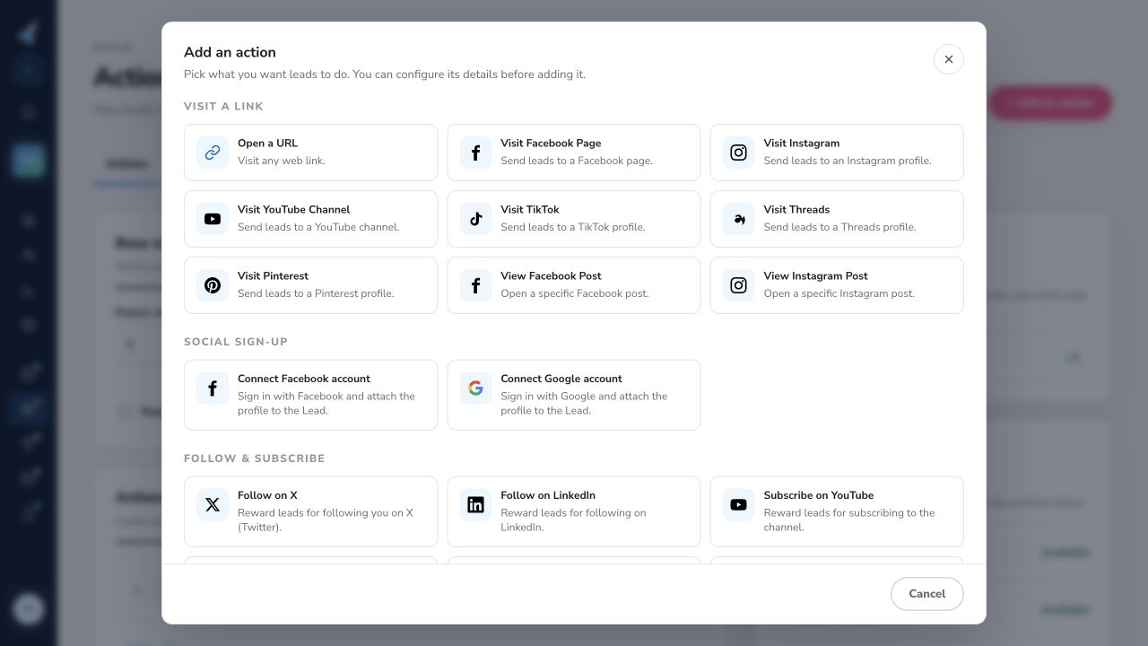 KickoffLabs action picker showing visit, social sign-up, and follow choices