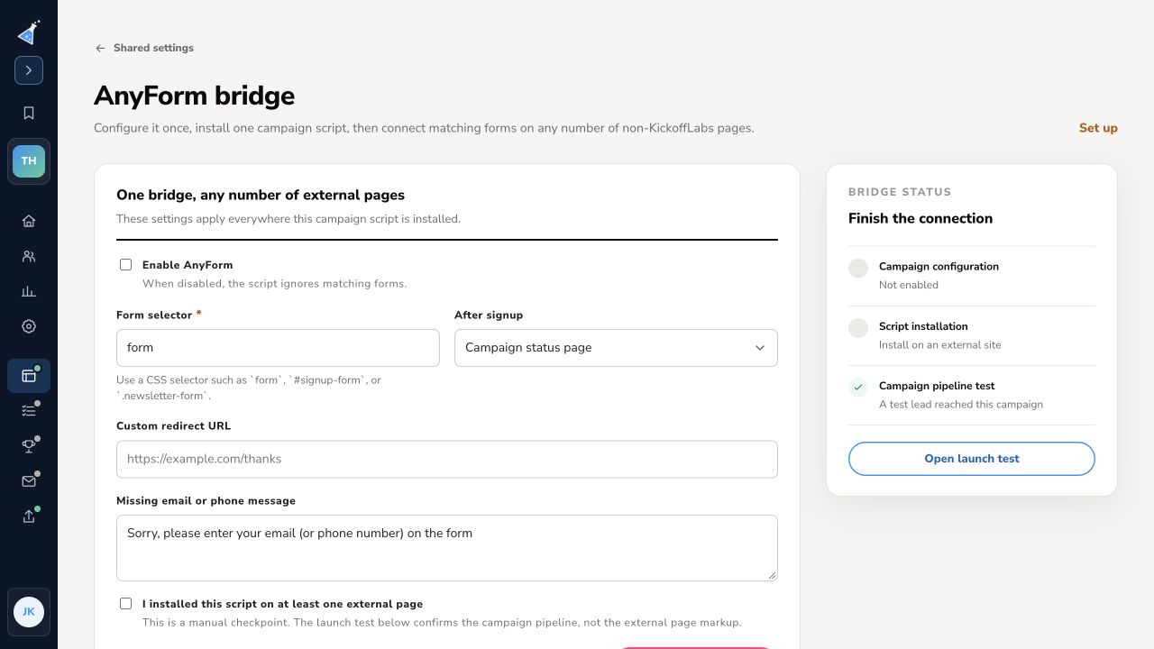 KickoffLabs AnyForm setup screen for connecting an external form