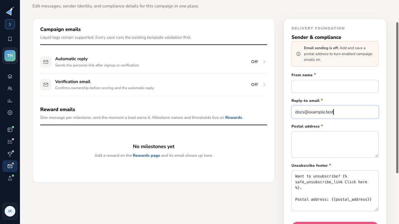 KickoffLabs campaign Emails screen with message and sender controls