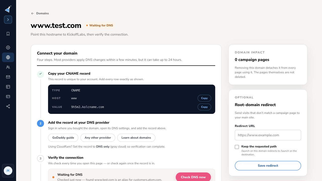 KickoffLabs dashboard domain detail showing the account CNAME, DNS verification, and optional redirect