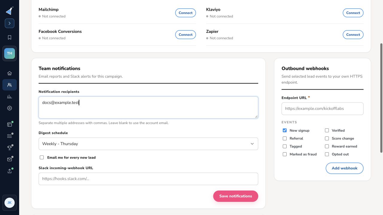 KickoffLabs lead delivery connections, including Zapier