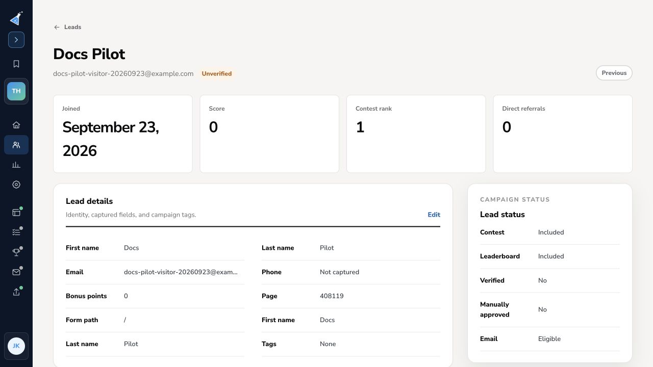 KickoffLabs dashboard synthetic lead profile with lead details, score, referral count, and status