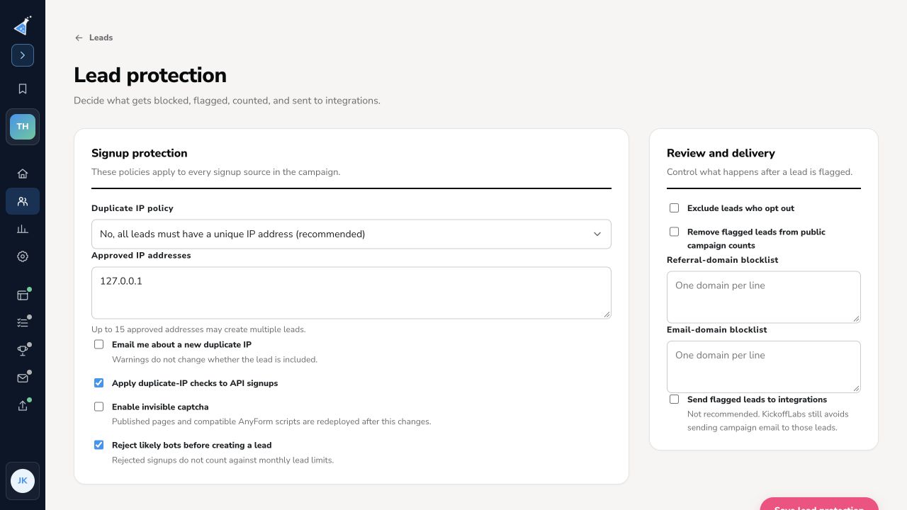 KickoffLabs dashboard Lead protection settings with invisible CAPTCHA and bot rejection controls