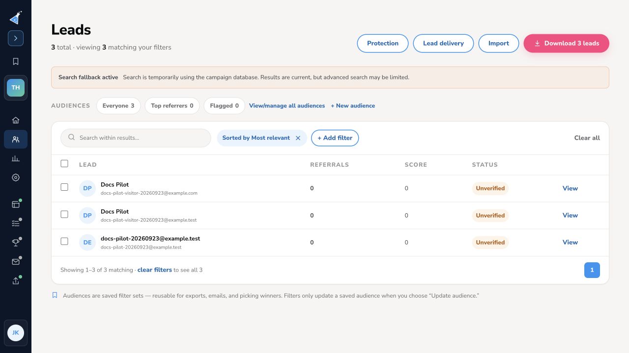 KickoffLabs dashboard Leads workspace showing saved audiences and the filter controls