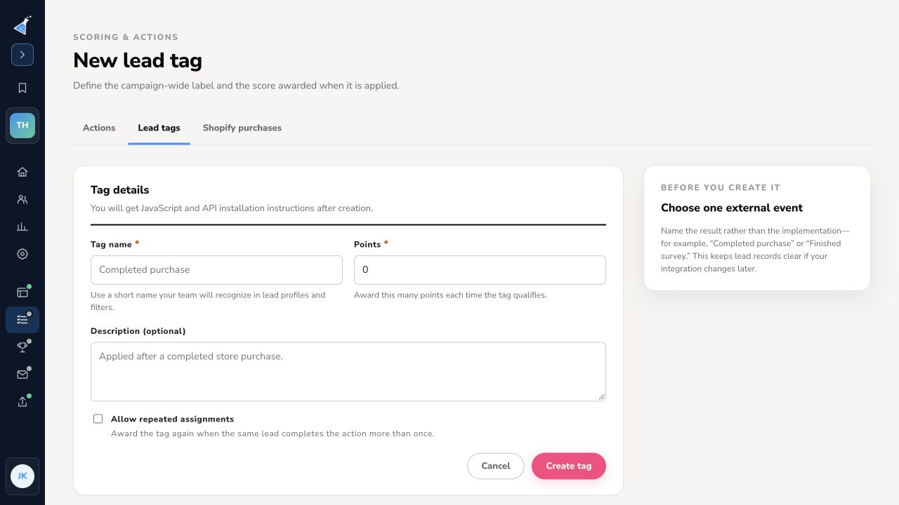 KickoffLabs dashboard New lead tag form with name, points, description, and repeat assignment setting