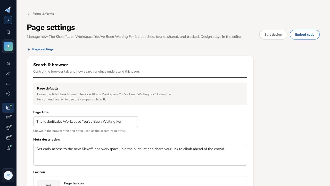 KickoffLabs dashboard Search and browser settings with page title and meta description fields