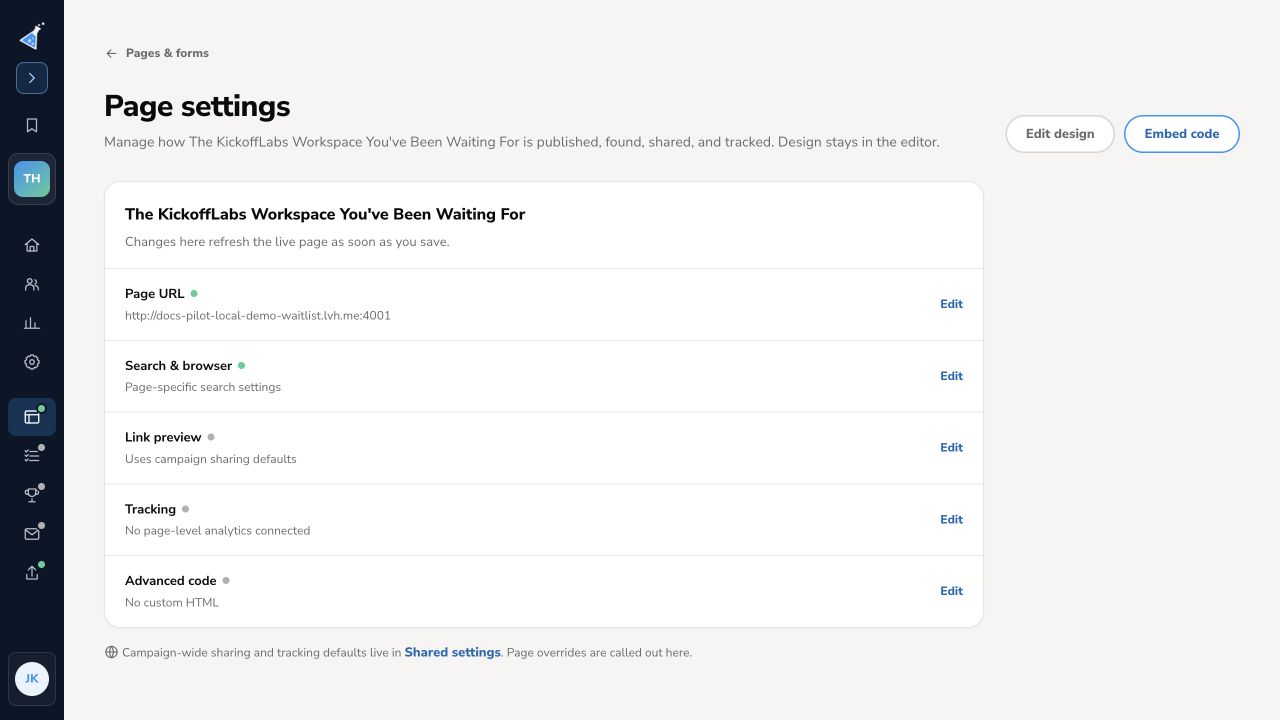 KickoffLabs dashboard Page settings listing URL, search, link preview, tracking, and advanced code