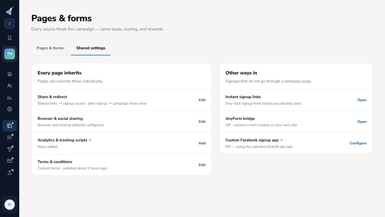 KickoffLabs dashboard Pages and forms Shared settings, including Share and redirect defaults