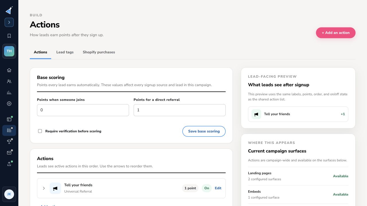 KickoffLabs scoring and actions workspace