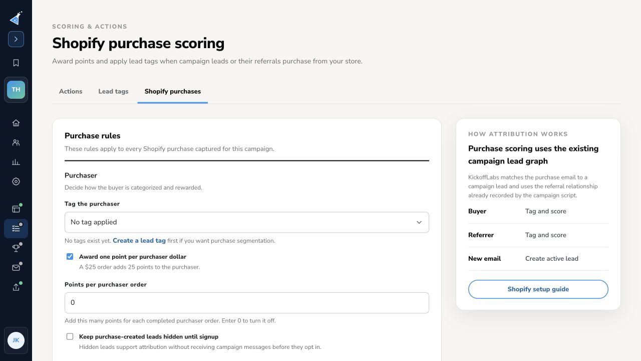 KickoffLabs dashboard Shopify purchase scoring controls for purchaser points and lead tags
