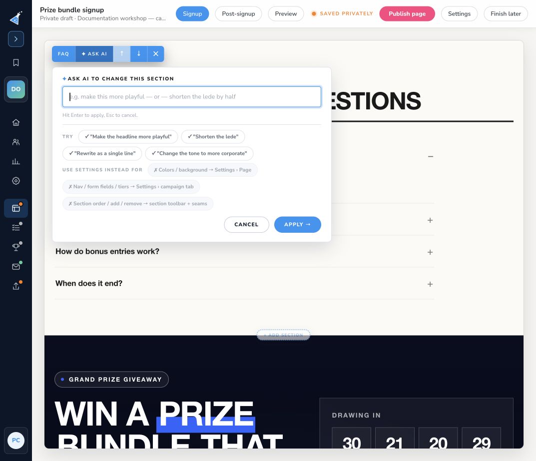 Ask AI dialog with a prompt field and supported editing guidance