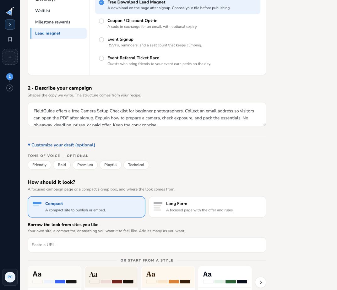 Campaign creator with a free-download recipe, campaign brief, and optional draft controls