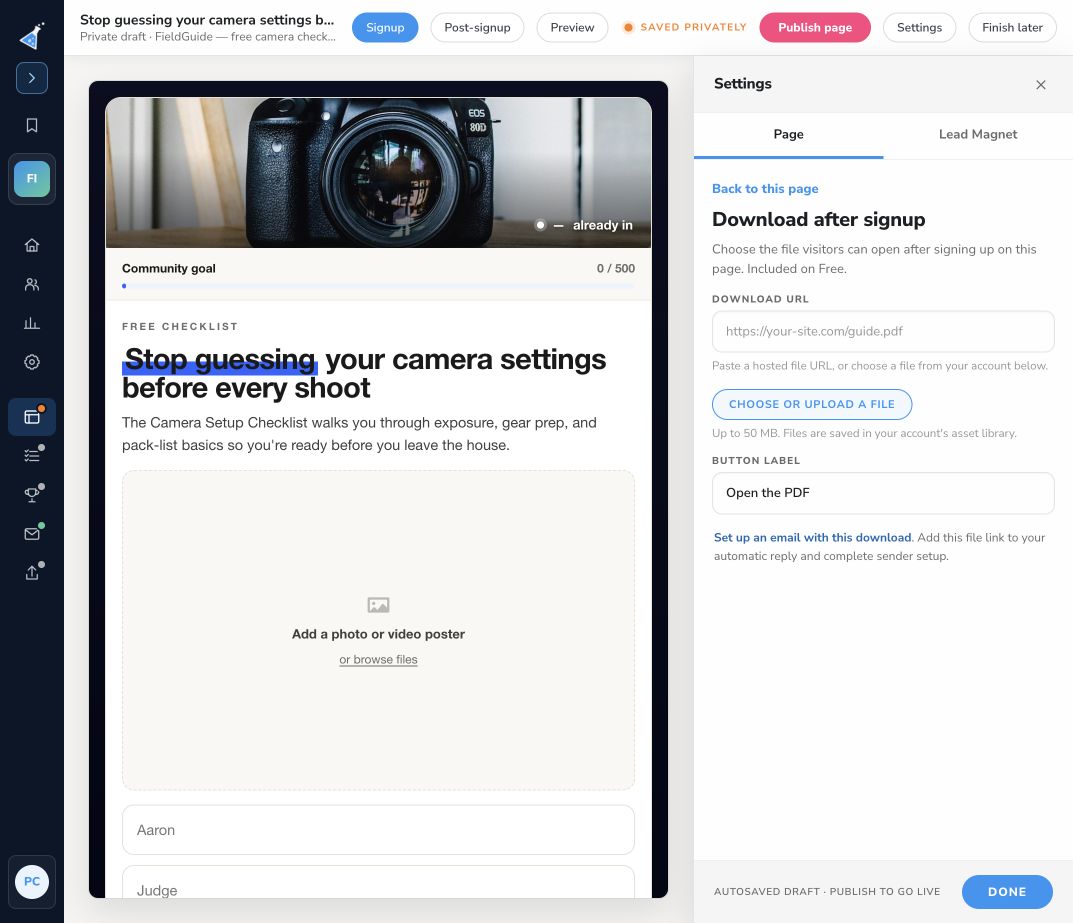 Download settings with a file URL, file picker, and button label