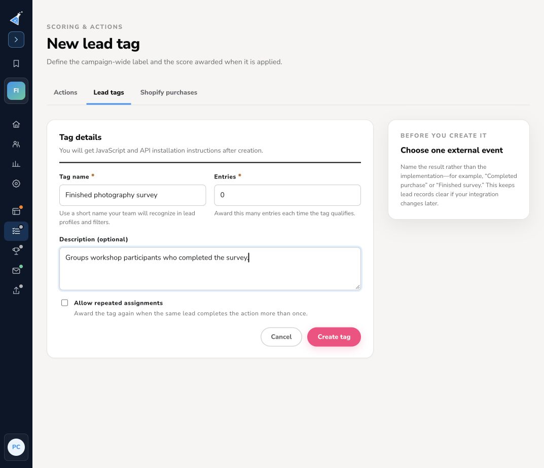 Lead tag settings with a survey category, zero entries, and repeat assignment option