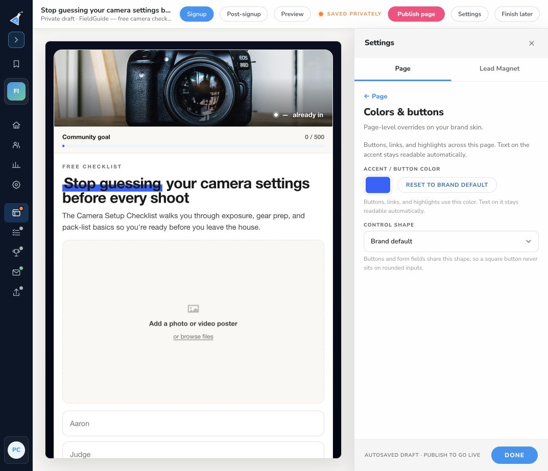 Page settings for accent and button color and control shape