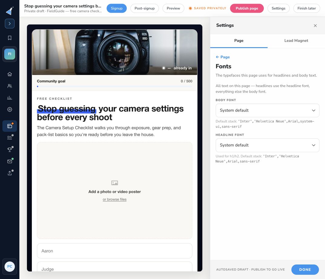 Page font settings showing body and headline font selectors