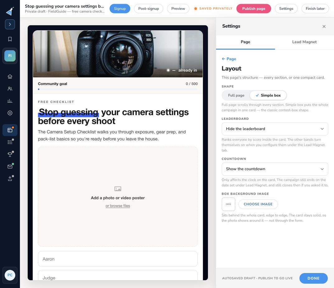 Page layout settings with Full page and Simple box options