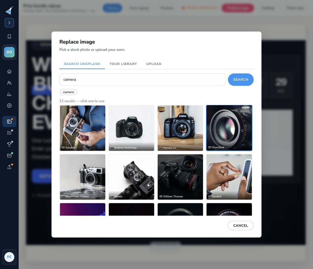 Image picker with camera search results from Unsplash and account library and upload tabs