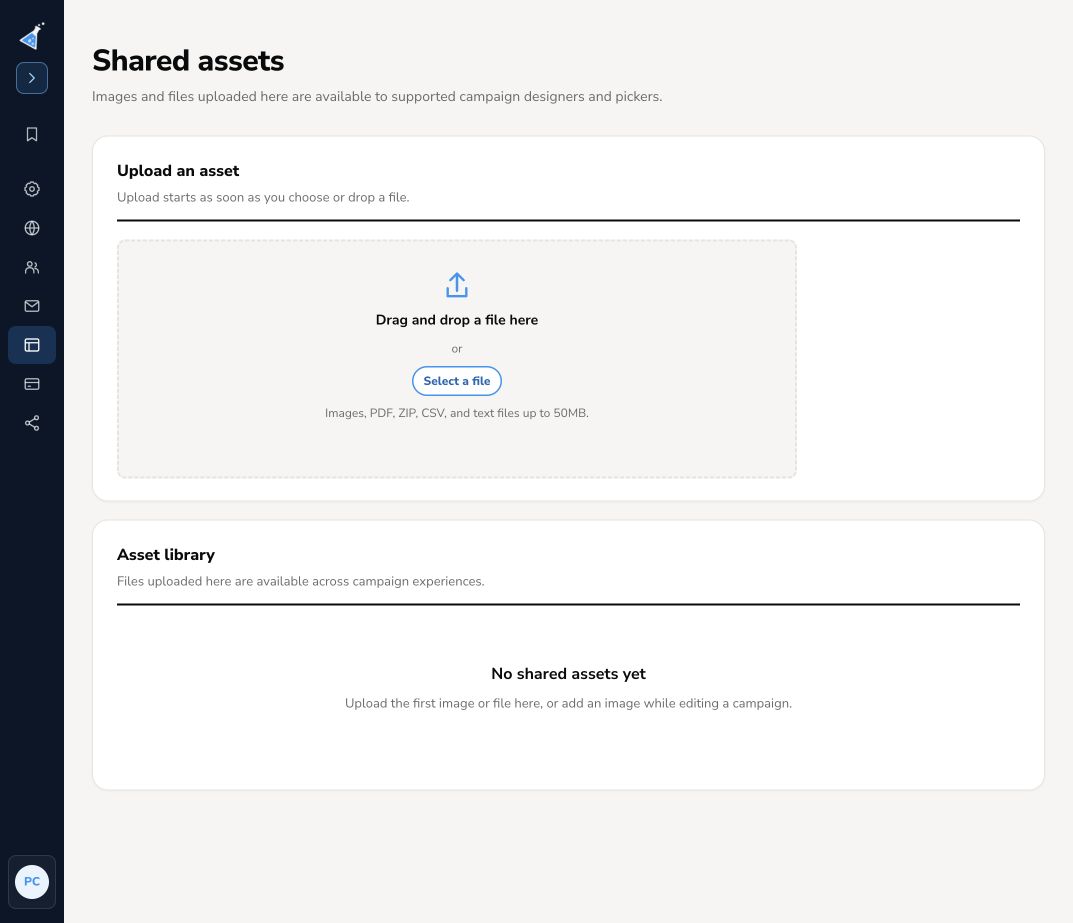 Shared asset library with upload controls and supported file types