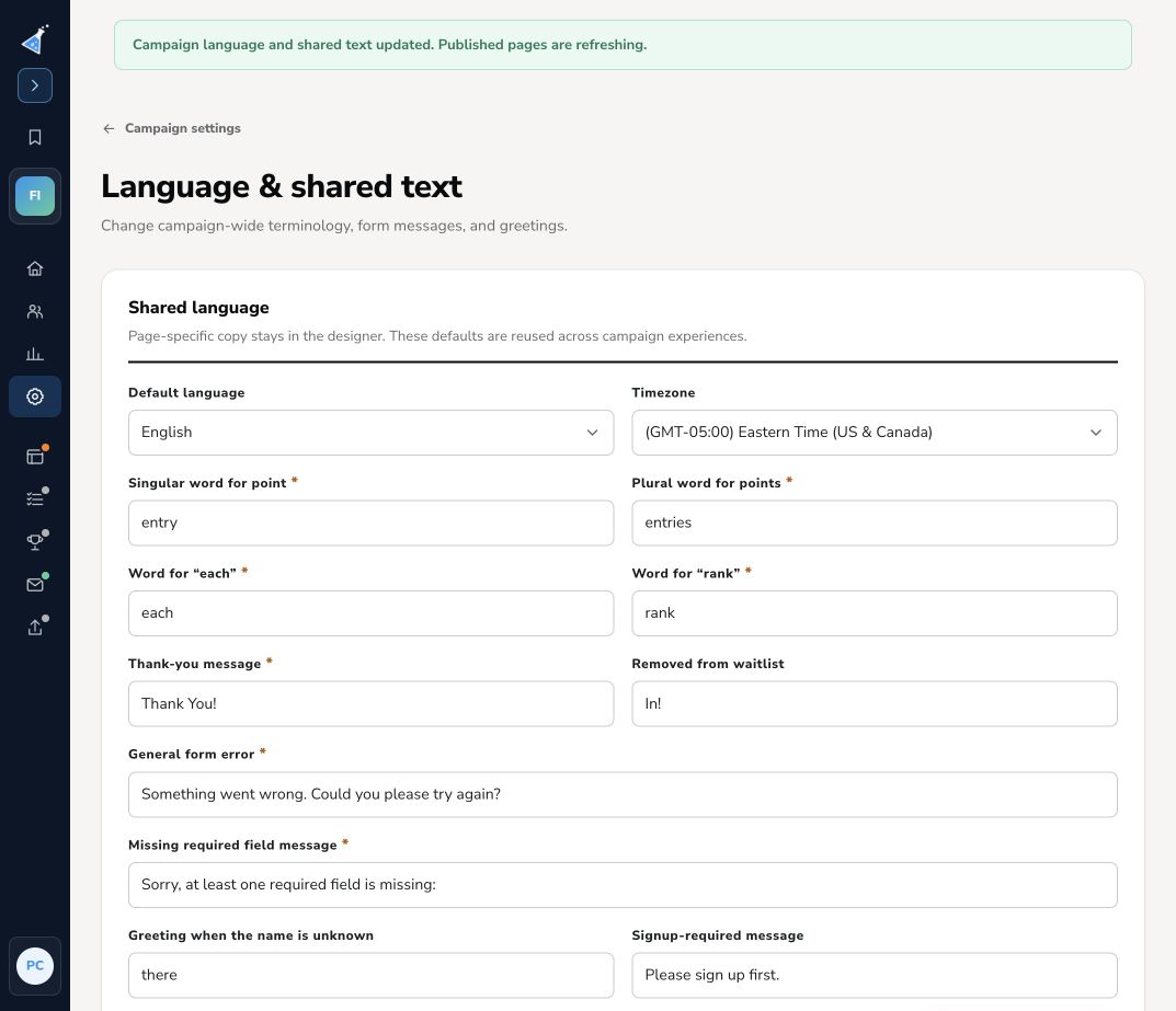 Language and shared text settings with point terminology and form messages