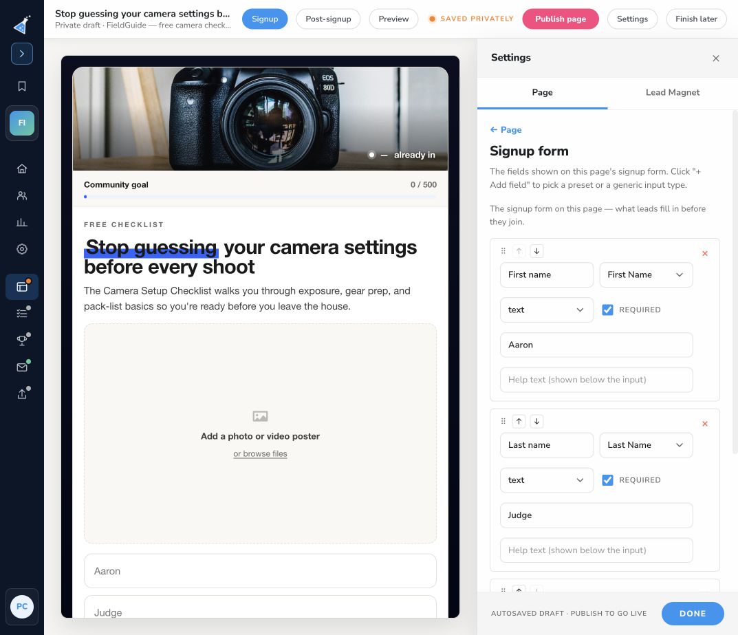 Signup form settings with field order and controls