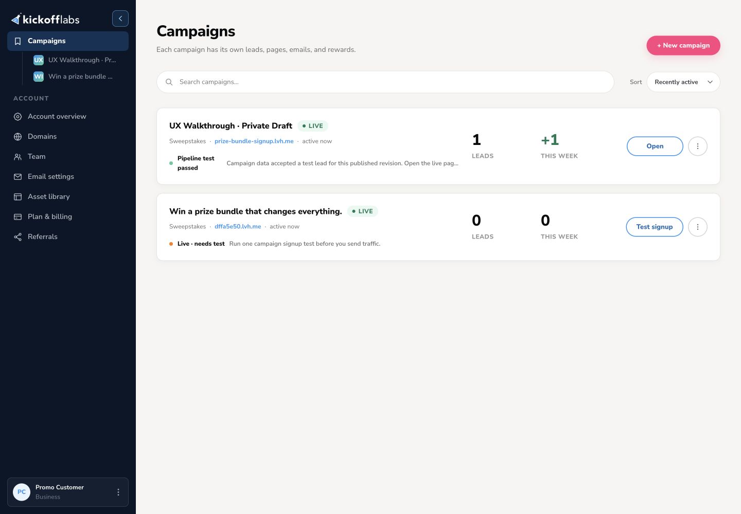 KickoffLabs campaign list with search, status, and the New campaign button