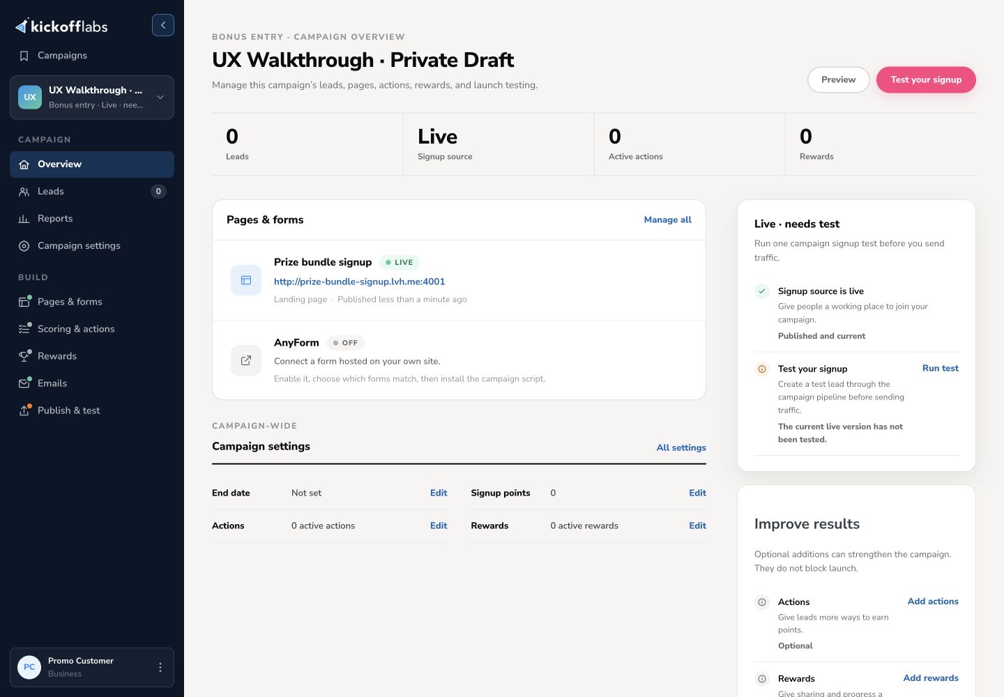 KickoffLabs campaign overview showing the campaign navigation, pages, and launch checklist