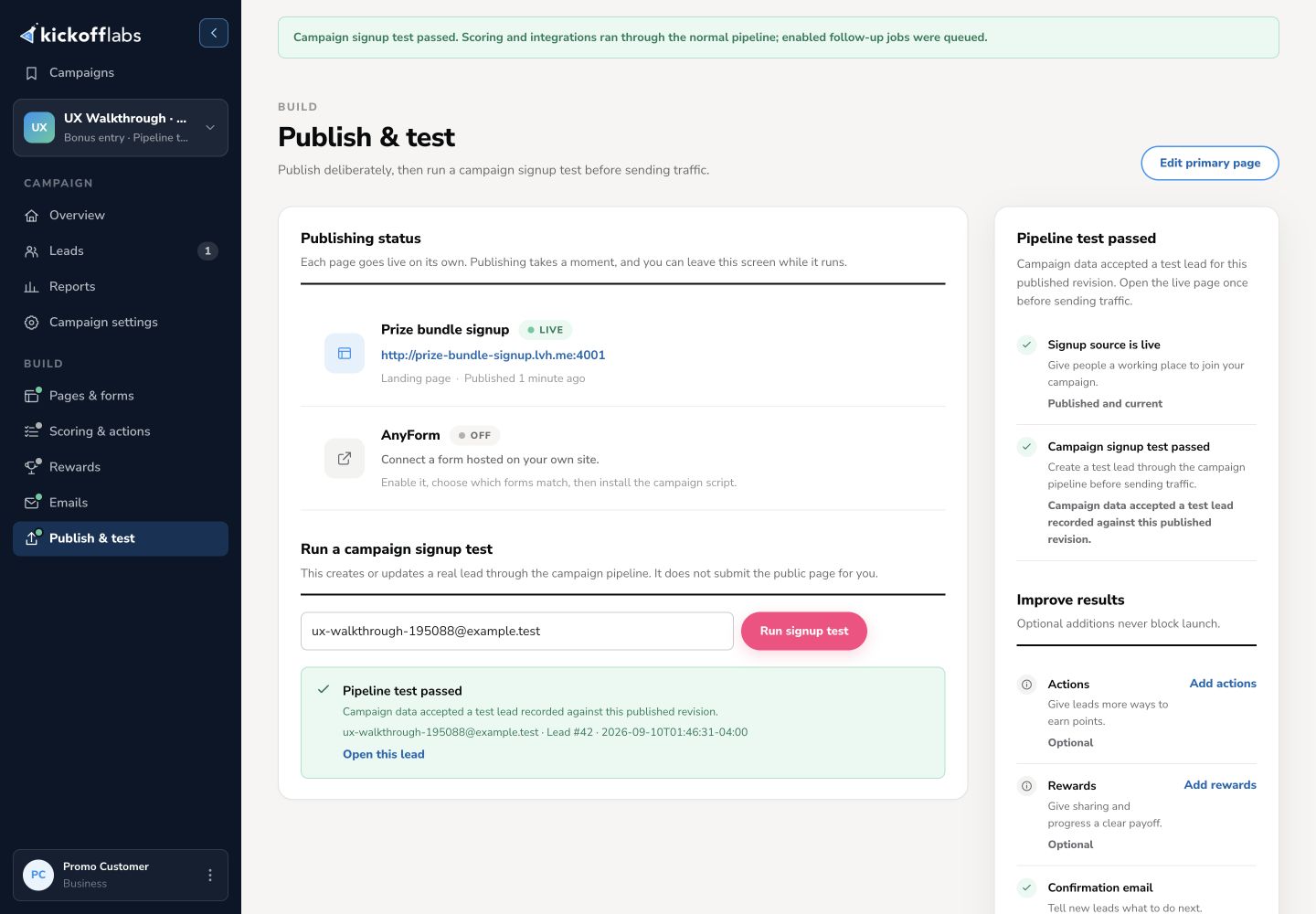Publish and test screen after a test lead is accepted for the published revision