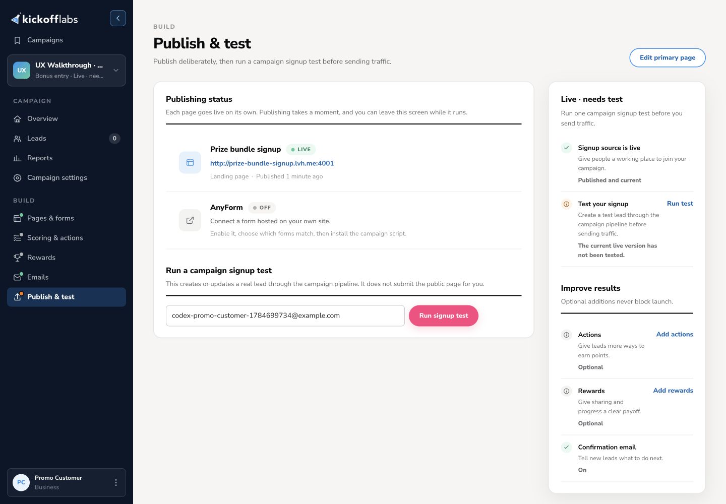 Publish and test screen showing the live signup source and Run signup test action