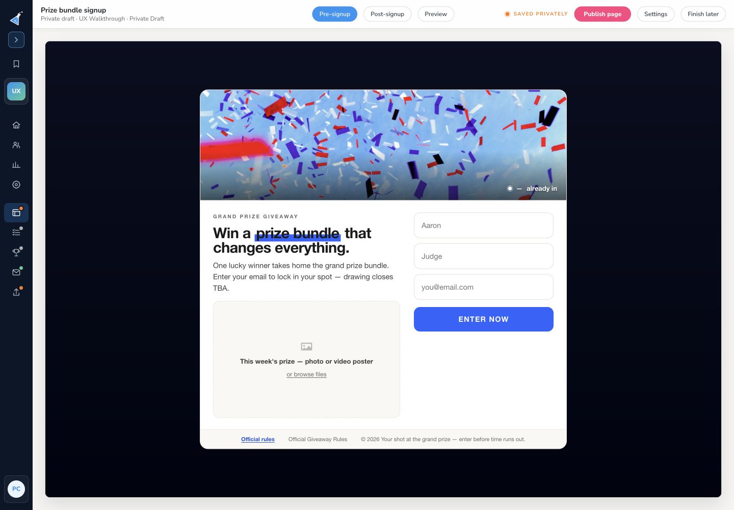KickoffLabs page editor showing a private draft and its preview and publishing controls