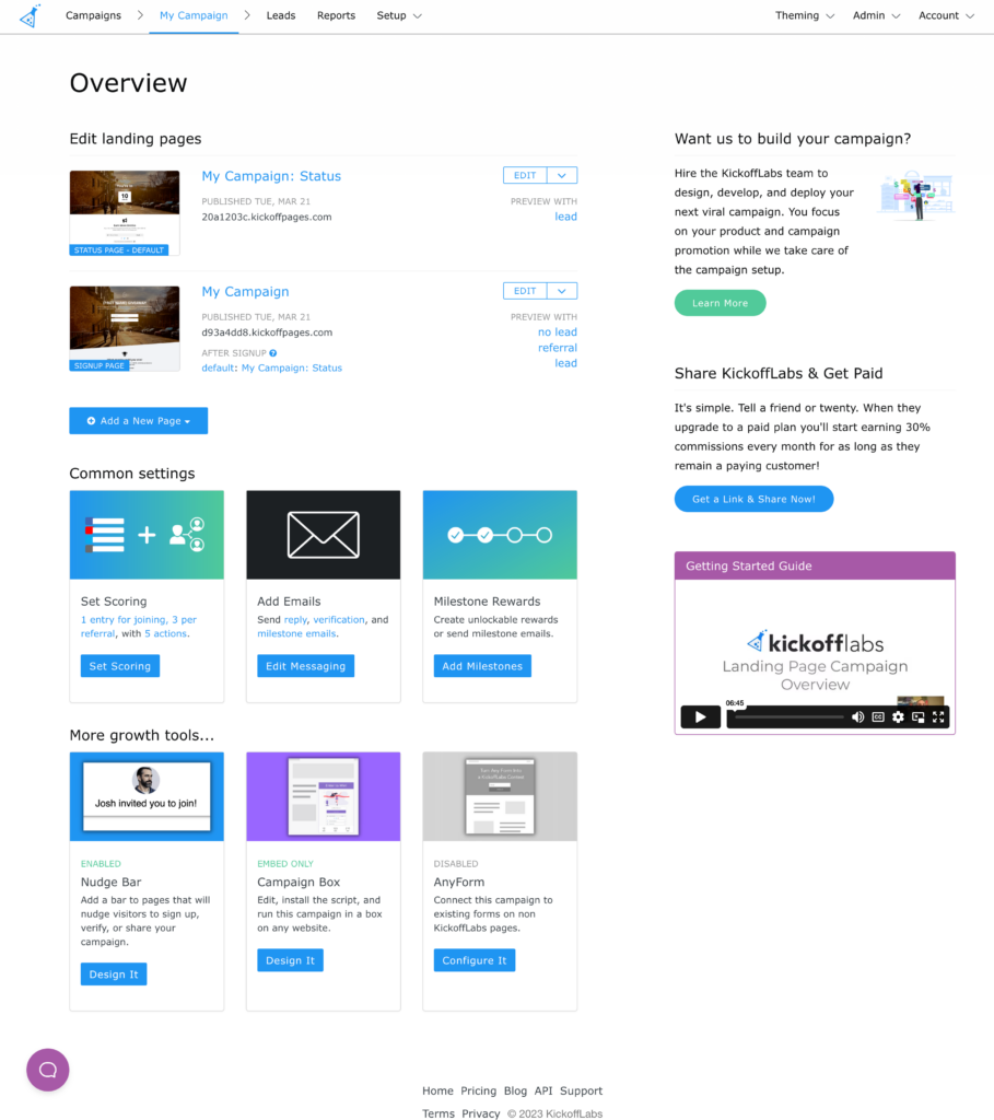 landing page dashboard
