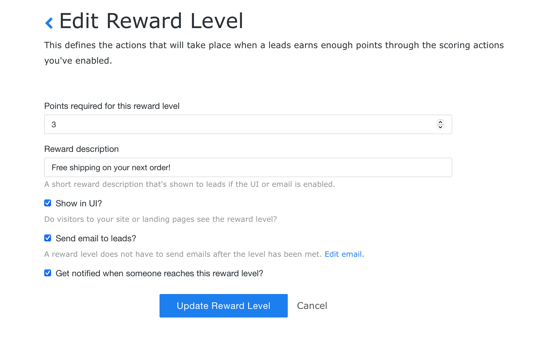 Edit reward Level