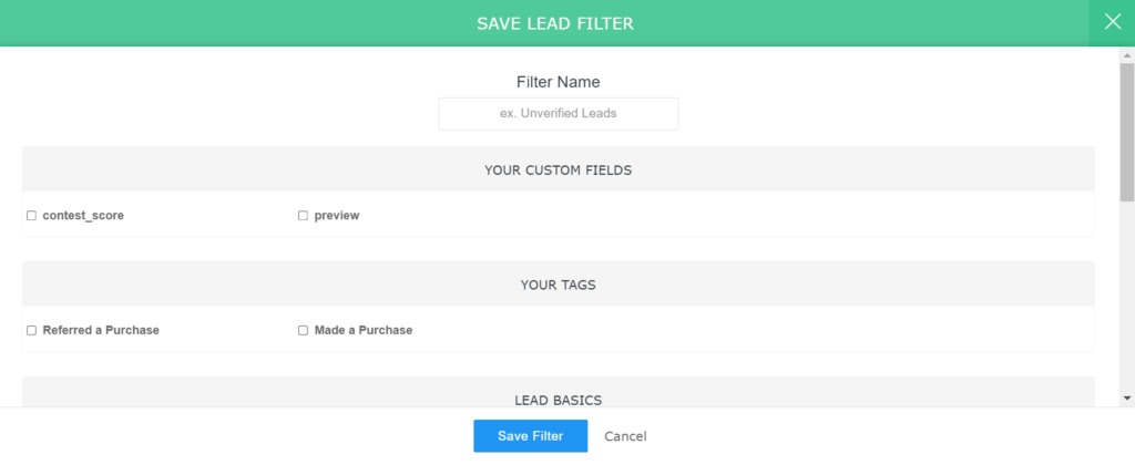save lead filter