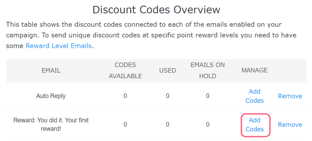 discount codes - add codes