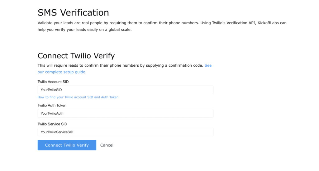 kickofflabs sms level setting