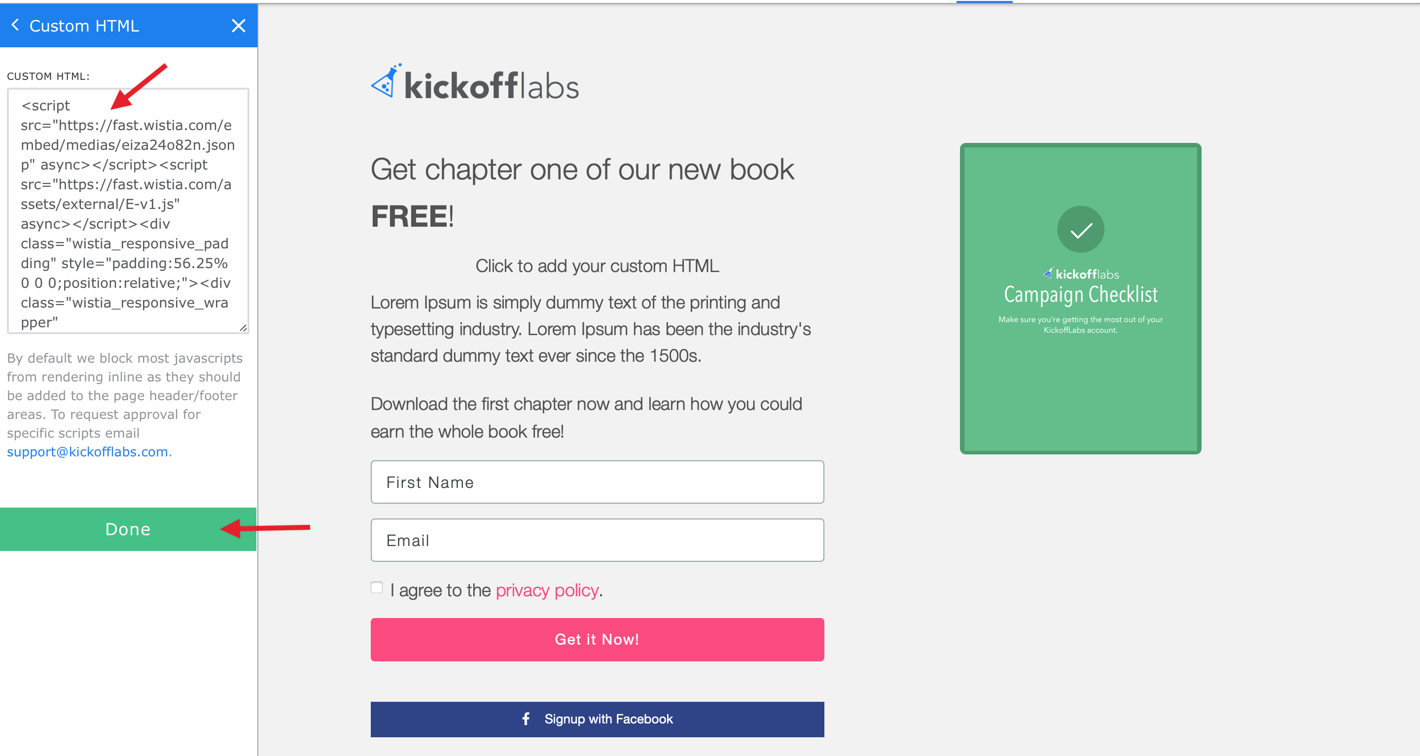 paste wistia script in kickofflabs 
