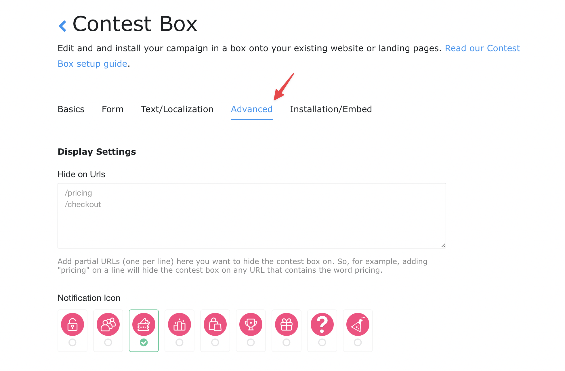 advanced settings contest box