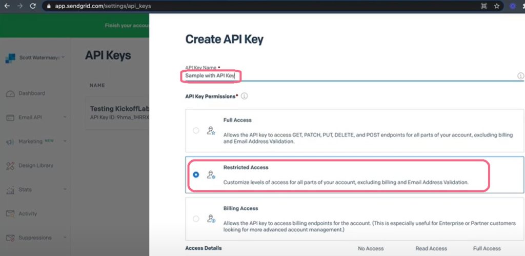 Sendgrid create API Key