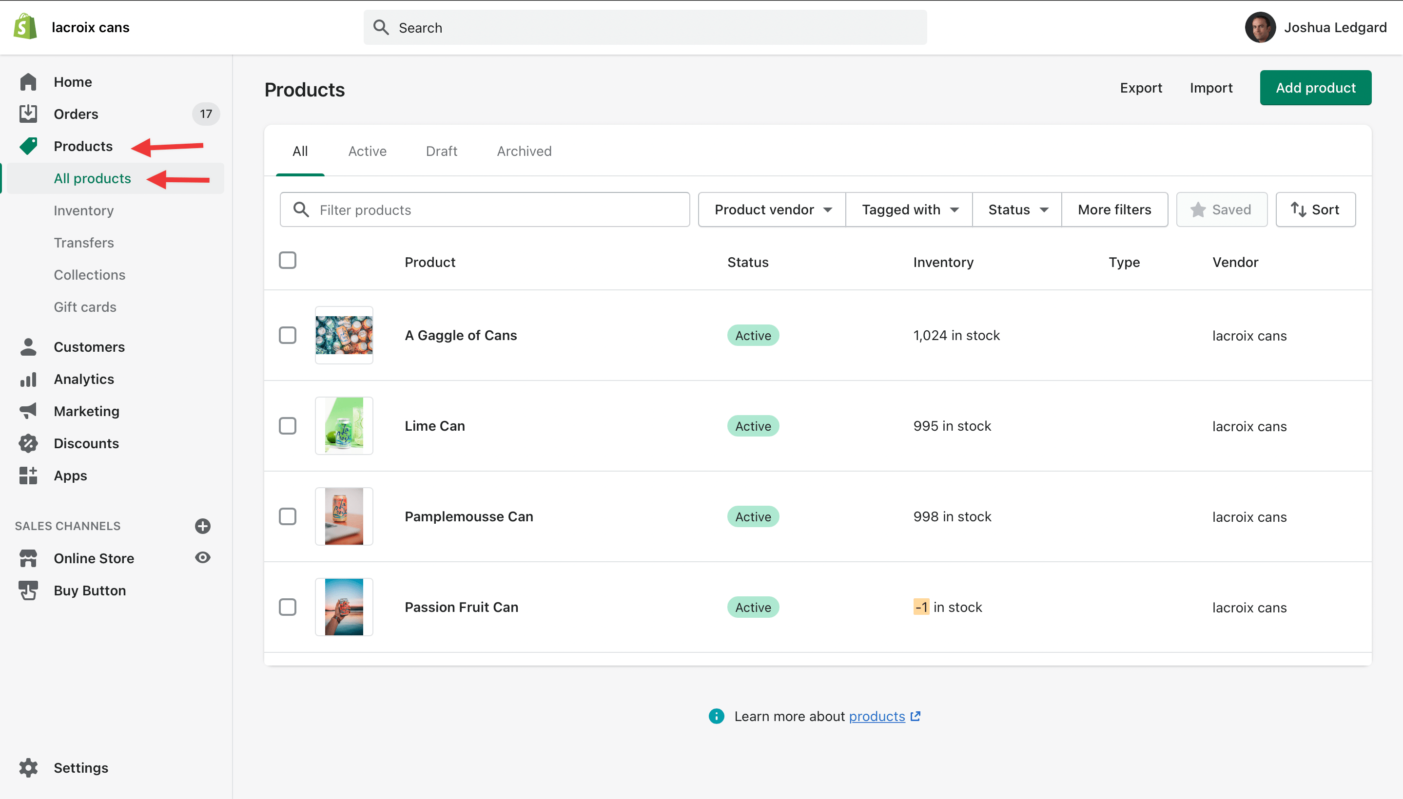 Shopify products dashboard
