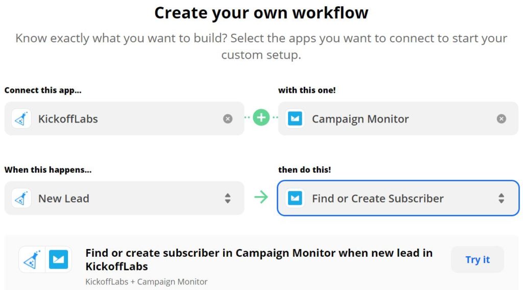 Zapier workflow - KickoffLabs - Campaign Monitor