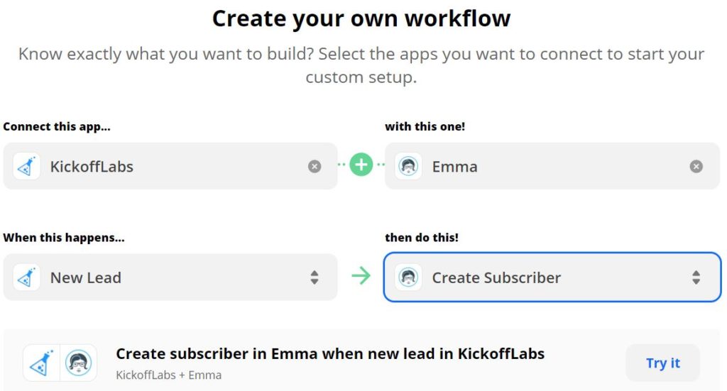 Zapier workflow - KickoffLabs - Emma