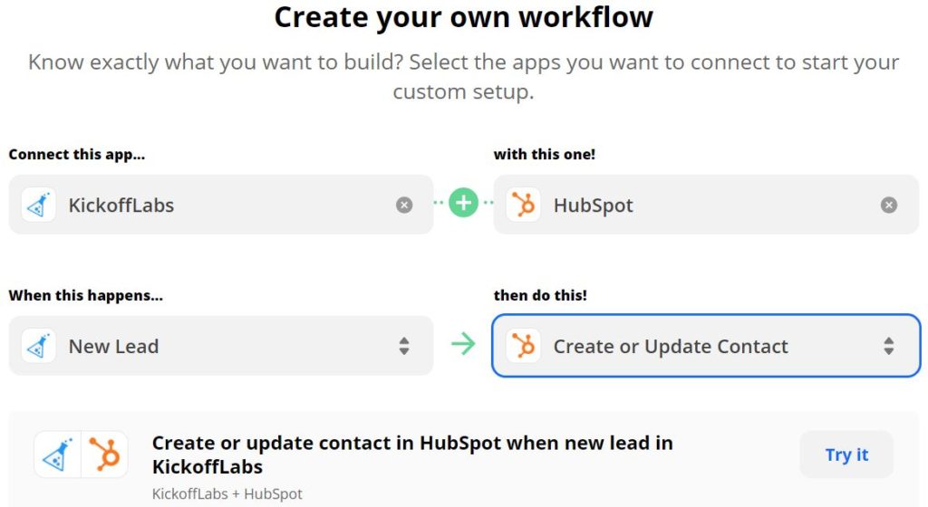 Zapier workflow - KickoffLabs - Hubspot