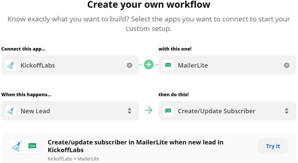 Zapier workflow - KickoffLabs - Mailer Lite