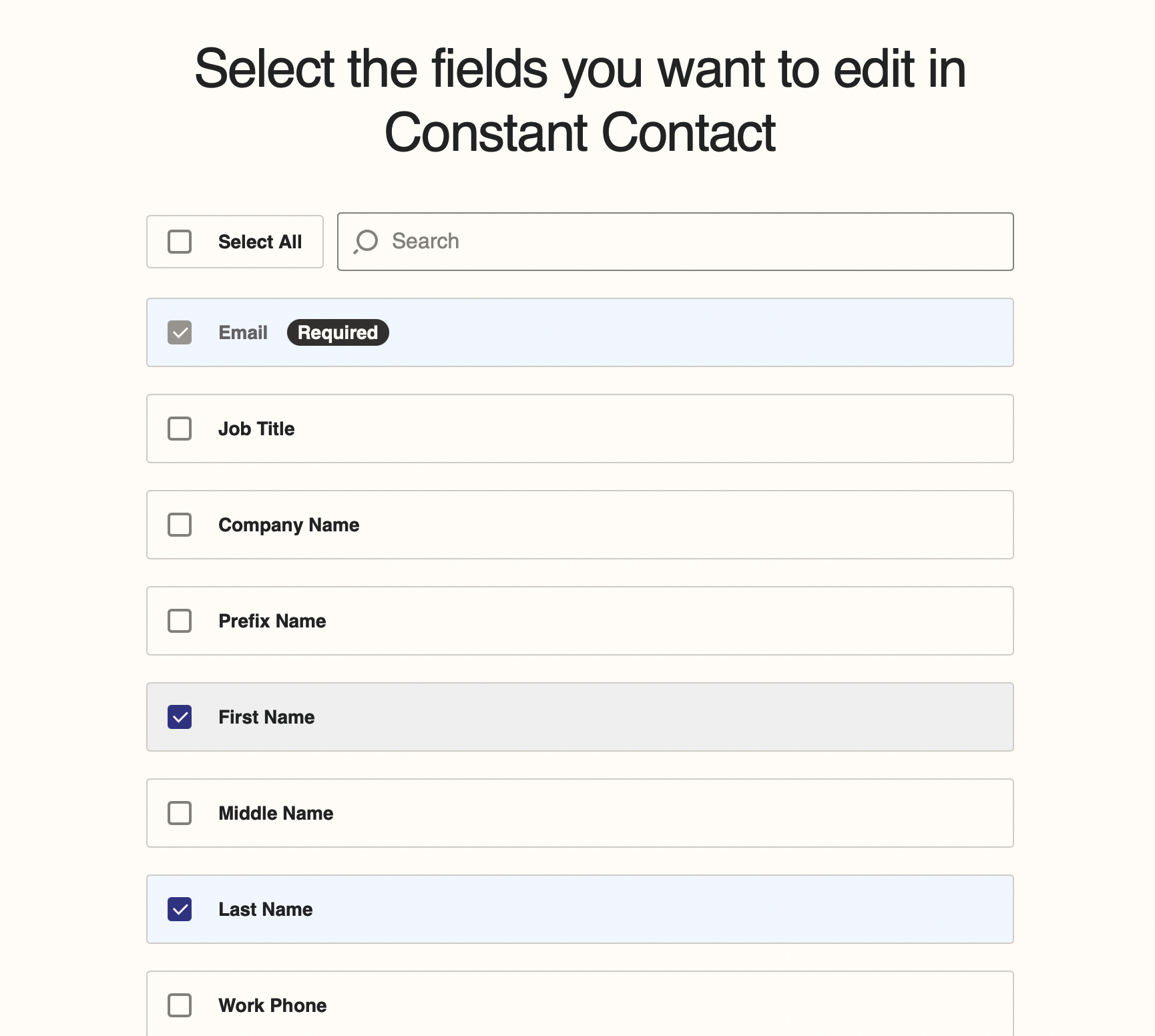 select constant contact fields