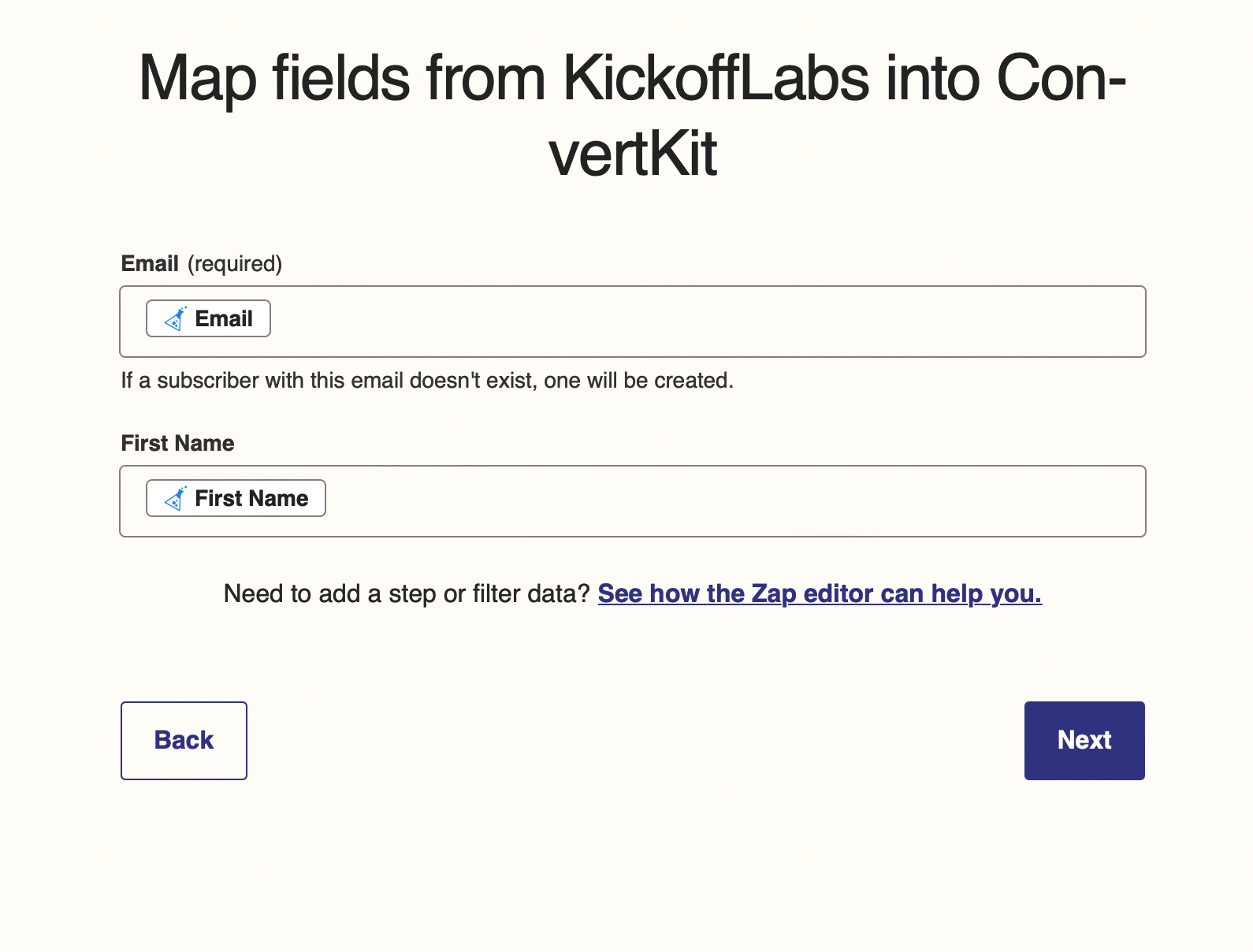 map kickofflabs fields to convertkit